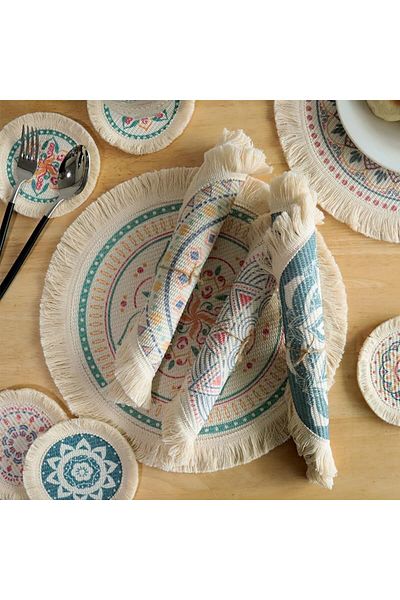 COOYA Set of 6 Placemats, Boho Style Mandala Pattern, with Tassels 13 Inch Rope Braided Place Mats