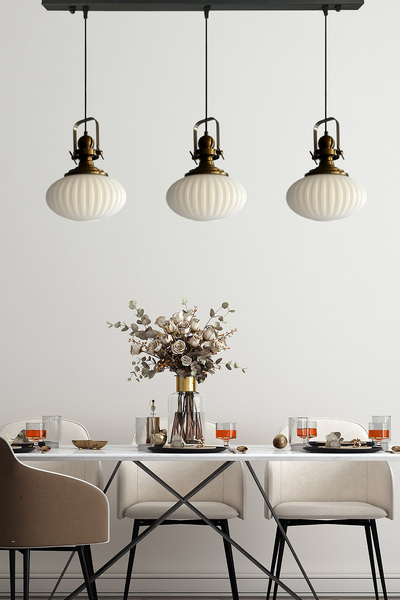 Bamyum Elegant Cam Beyaz Üçlü Avize Eskitme Başlık Sarkıt Lamba Restoran Salo...