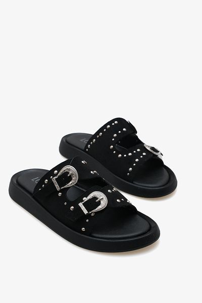 LOJO Women's Stoned Double Buckle Daily Slippers Petras Black