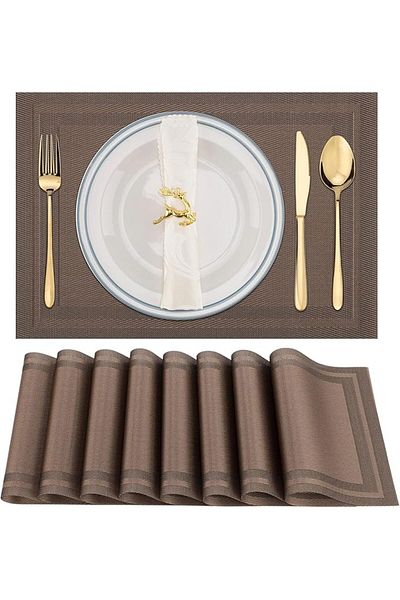 COOYA Heat Resistant PVC Placemats Set of 8, Non-Slip Washable Dining Table Mats (Brown)