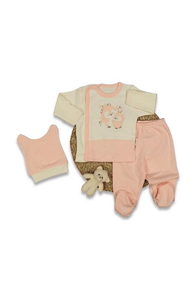 TRENDİMİZBİR Unisex Baby Penguin Embroidered Salmon 3-Piece Bodysuit Set