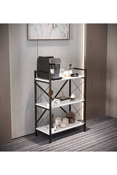 Golden Bark Modern Coffee Corner,side Table,with 3 Wooden Shelves,black Metal Frame,white/black