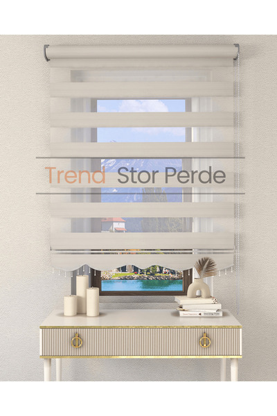 TREND STOR PERDE Geniş Plise Beyaz Boncuklu Zebra Stor Güneşlik Perde