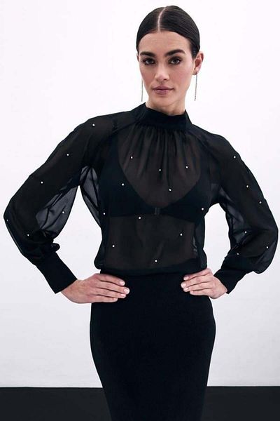 Sateen 1553 Черна шифонена блуза с бродерия от камъни