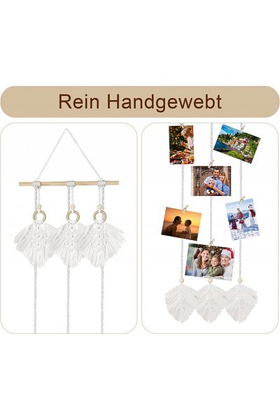 BINOTHINK Wall Decor Set And 18 Photo Collage Clips, Macrame/wood, White, 150 Cm X 35