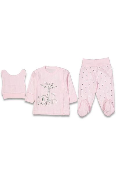 TRENDİMİZBİR Baby Girl Animal Floral Patterned Pink 3-Piece Bodysuit Set