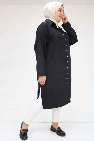 Eslina 58065 Plus Size Melange Linen Low Sleeve Shirt - Black