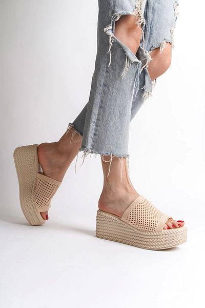 TB Terzi Bey Marla Wedge Heeled Orthopedic Sole Straw Look Knitwear Γυναικείες παντόφλες Kt - Skin