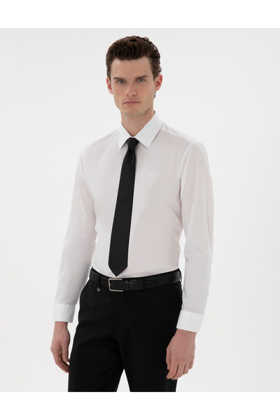 Pierre Cardin قميص أساسي أبيض بقصة ضيقة وأكمام طويلة 50301174 -VR013