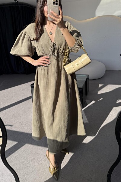 Gizem Ecemiş Leydia Haki Müslin Elbise