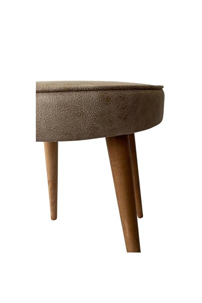 Home Bej Deri Görünümlü Ahşap Ayaklı Yuvarlak Puf | Modern Vintage Oturma Taburesi