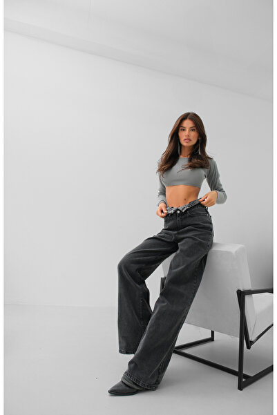 Black Fashion Blugi gri cu talie înaltă și curea dublă
