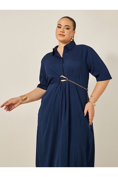 Styli Plus Size Textured Collared Shirt Dress with Chain Detail