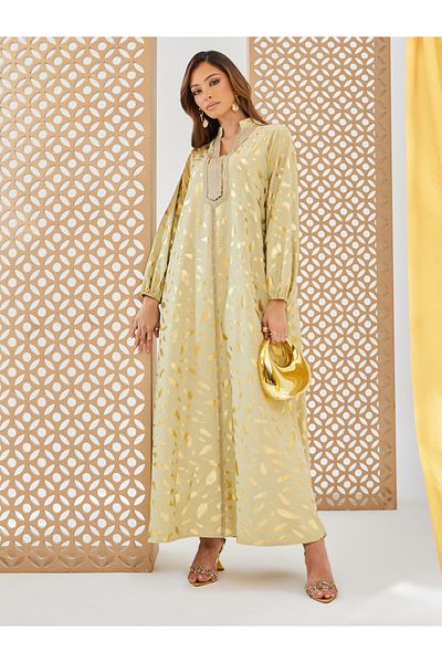 Styli Foil Print A-Line Jalabiya with Lace Trim