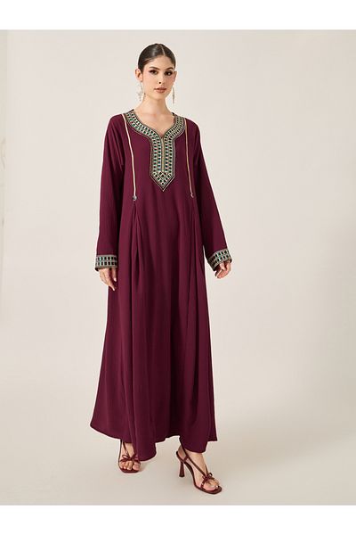 Styli Embroidered Patch Work Pleated A-Line Jalabyia