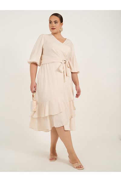 Styli Plus Size Balloon Sleeve Wrap Midi Dress
