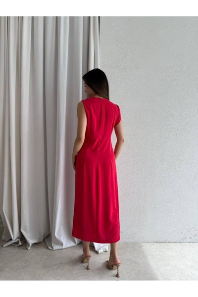 KOSHKA BUTİK Red Side Buckle Pleat Detail Sleeveless Dress