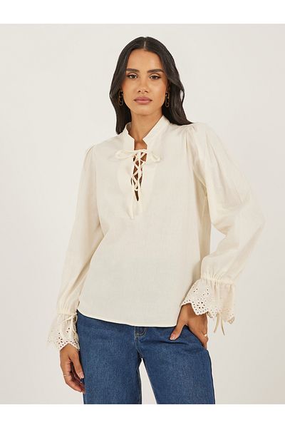 Styli Women Cream Solid Volume Sleeves Lace-Up Top