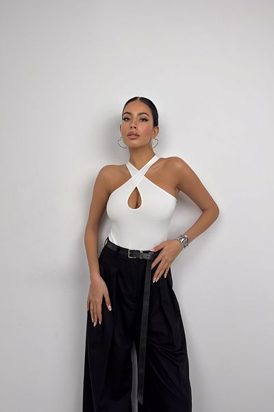 Black Fashion White Cross Strap Bodysuit