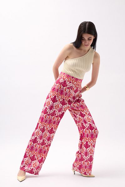 Black Fashion Pantaloni din satin cu model roz