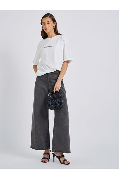 Styli Embellished Slogan Print Oversized T-Shirt