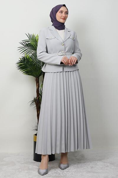 GİYZAMİLA Gold Detail Skirt Suit Stone