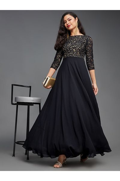 Styli Lace Overlaid Boat Neck Maxi Dress