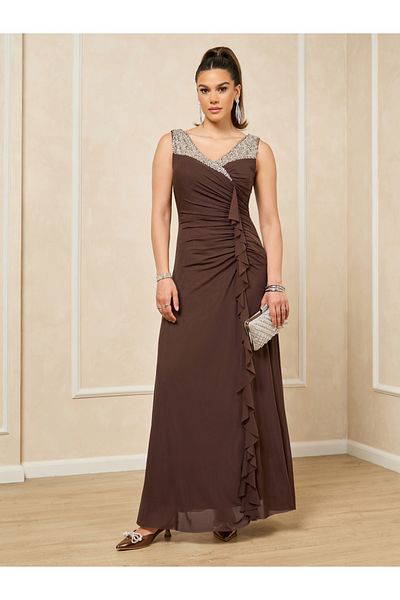 Styli Brown Embellished Sleeveless Maxi Dress