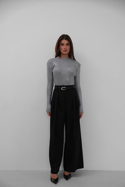 Black Fashion Metallic Gray Turtleneck Knitwear Blouse