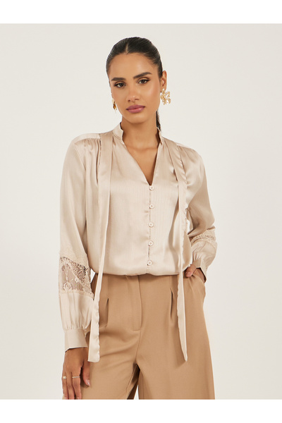 Styli Lace Insert Tie-Up Neck Buttoned Blouse