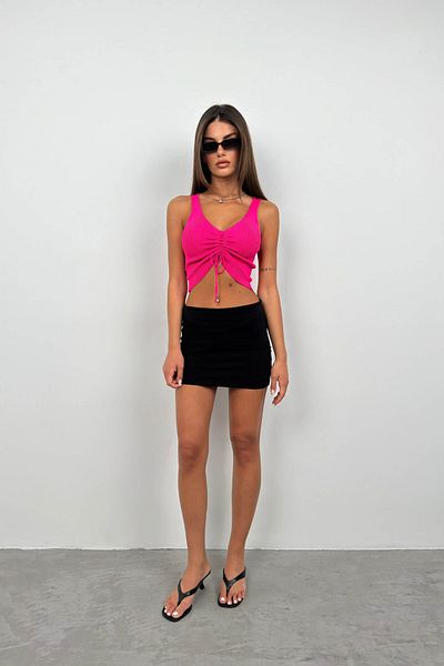 Black Fashion Φούξια Crop Μπλούζα - Μπροστινό Σχέδιο Μαζεύτηκε