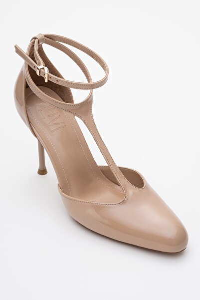 LuviShoes Jon Beige Patent Leather Women's Thin Heeled Shoes