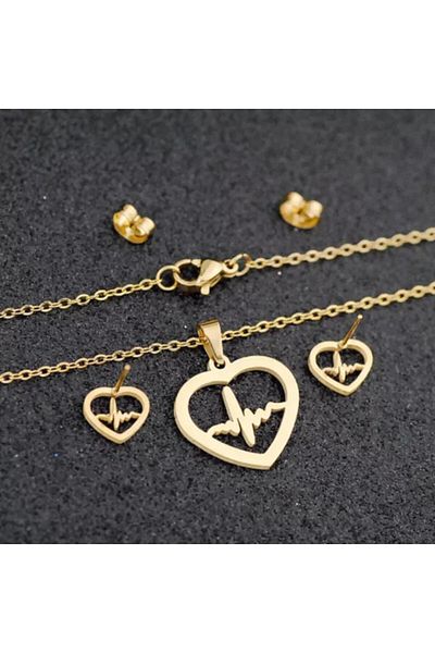 Prof Heartbeat Necklace And Earrings Stainless Steel Set