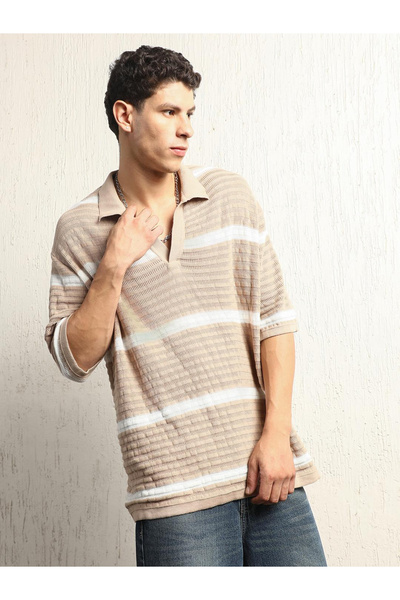 Hubberholme By Styli Textured Striped Polo Neck Oversized T-Shirt