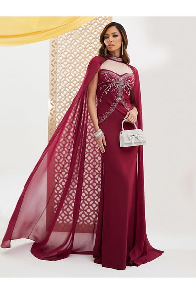 Styli Embellished Cape Sleeve Mermaid Hem Maxi Dress