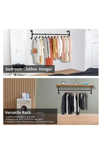COOYA Clothes Rack Wall Mounted, Detachable Adjustable 130 CM Long, with 3 S-Shaped Hooks