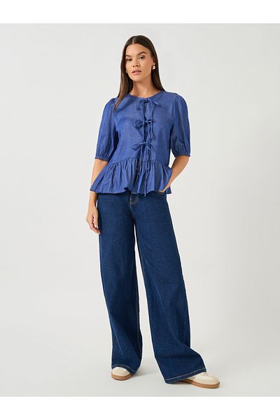 Styli Puff Sleeve Tie-Up Detail Peplum Top
