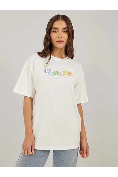 Styli Slogan Print Round Neck Oversized T-Shirt