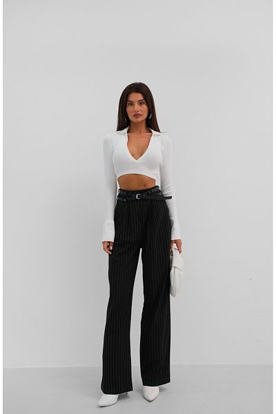 Black Fashion V-Neck Polo Neck Crop White Sweater