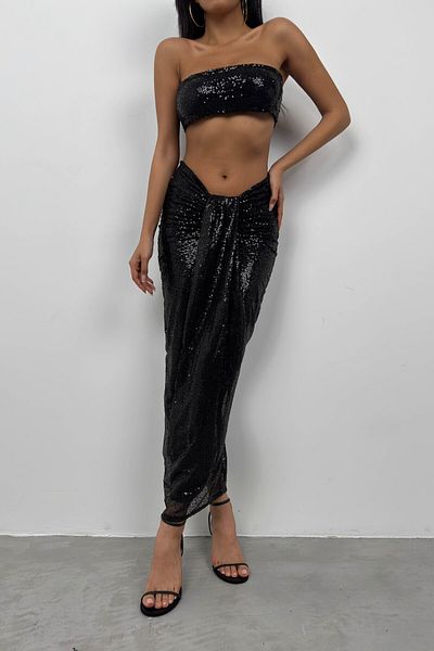 Black Fashion Black Crop Skirt and Sequined Strapless Set