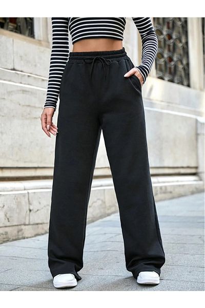 LASVES Pantaloni de sport negri cu picioare drepte pentru femei