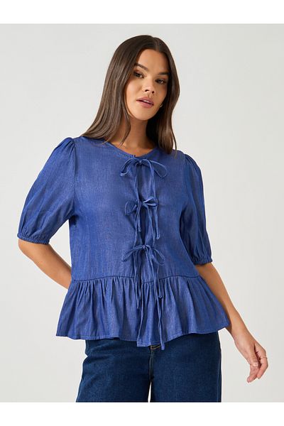 Styli Puff Sleeve Tie-Up Detail Peplum Top