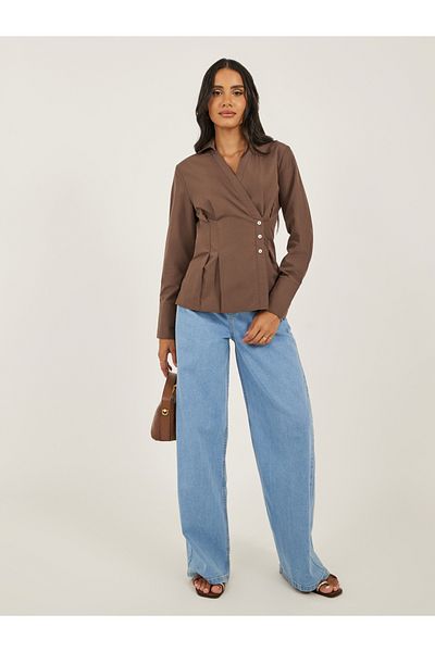 Styli Women Brown Solid Pleated Regular Fit Wrap Shirt