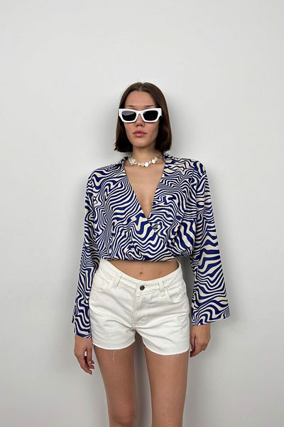 Black Fashion Bluză cu mânecă liliac albastră cu model
