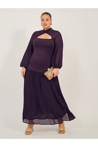 Styli Plus Size Purple Solid Cut Out A-Line Maxi Dress