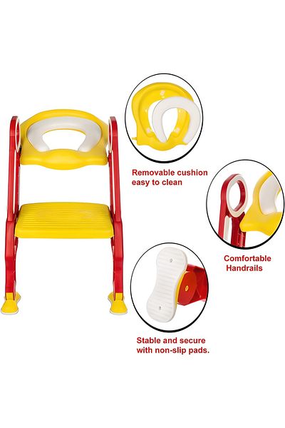 COOYA Potty Training Toilet Seat, With Step Stool Ladder, Soft Padded Seat, Safe Handles (Red)