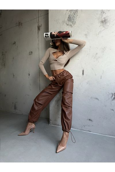 Black Fashion Leather Brown Trousers - Elastic Waist