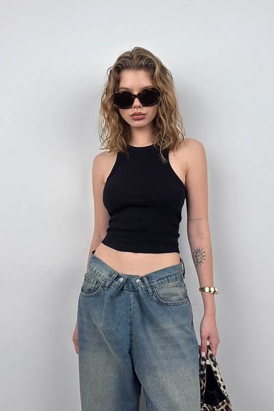 Black Fashion Bluză neagră cu gât fără mâneci
