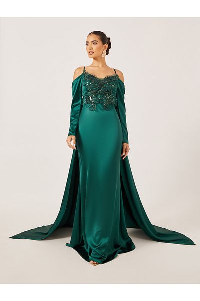 Styli Embellished Cold Shoulder Cape Sleeve A-Line Maxi Dress
