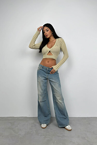 Black Fashion Bluză de tricotaj crop bej - Design ajurat